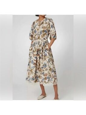 Zimmermann Women's Aliane Shirred Waist Linen Midi Dress Blue Khaki Size Large